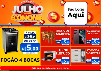 Modelo de Encarte para Encarte A4 Horizontal com o tema Operação Julho Com Mais Economia para Móveis e Eletro