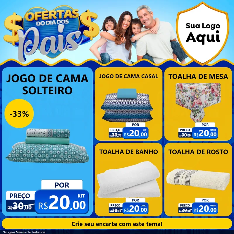 Modelo de Rede Social para Feed Facebook com o tema Ofertas do Dia dos Pais para Cama, Mesa e Banho