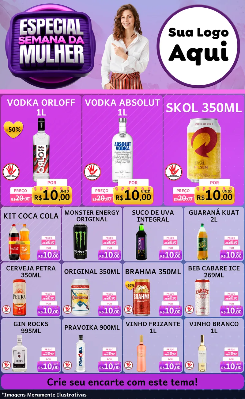 Modelo de Encarte para Encarte Grande com o tema Especial Semana da Mulher para Distribuidora de bebidas