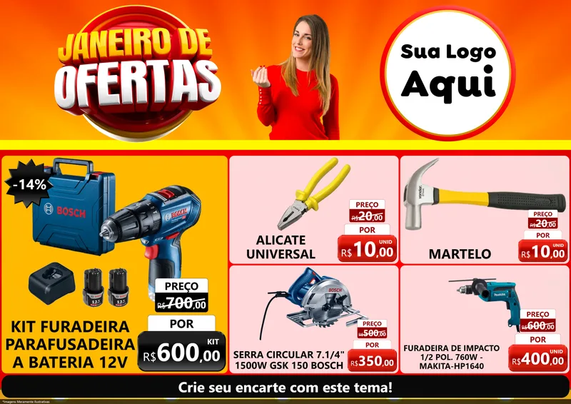 Modelo de Encarte para Encarte A4 Horizontal com o tema Janeiro de Ofertas para Maquinas e Ferramentas