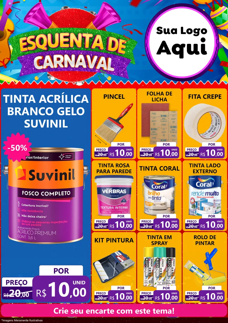 Modelo de Encarte para Encarte A4 Vertical com o tema Esquenta de Carnaval para Tintas e Ferramentas