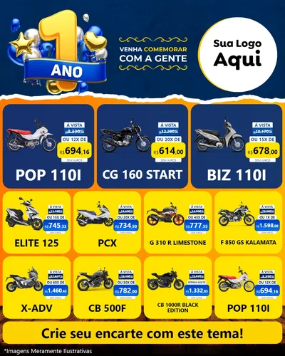 Modelo de Rede Social para Feed Instagram com o tema Um Ano de Aniversário para Concessionaria de Motos