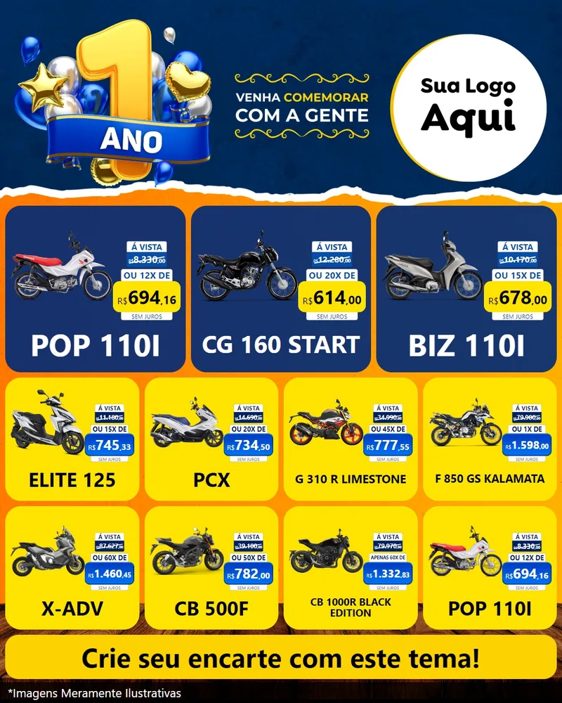 Modelo de Rede Social para Feed Instagram com o tema Um Ano de Aniversário para Concessionaria de Motos