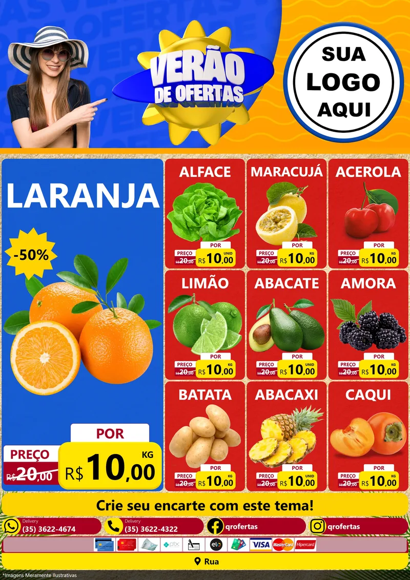 Modelo de Encarte para Encarte A4 Vertical com o tema Verão de Ofertas para Hortifrúti