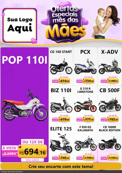 Modelo de Encarte para Encarte A4 Vertical com o tema Ofertas Especiais - Mês das Mães para Concessionaria de Motos