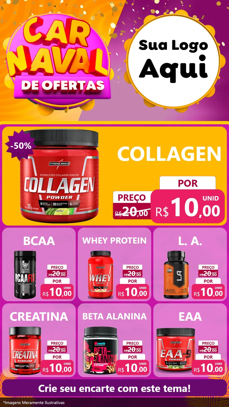 Modelo de Rede Social para Stories com o tema Carnaval de Ofertas para Suplementos alimentares