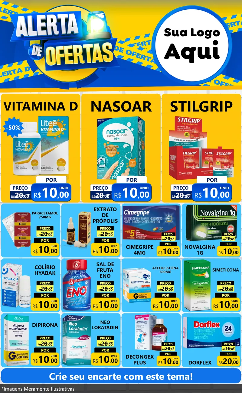 Modelo de Encarte para Encarte Grande com o tema Alerta de Ofertas para Farmácia