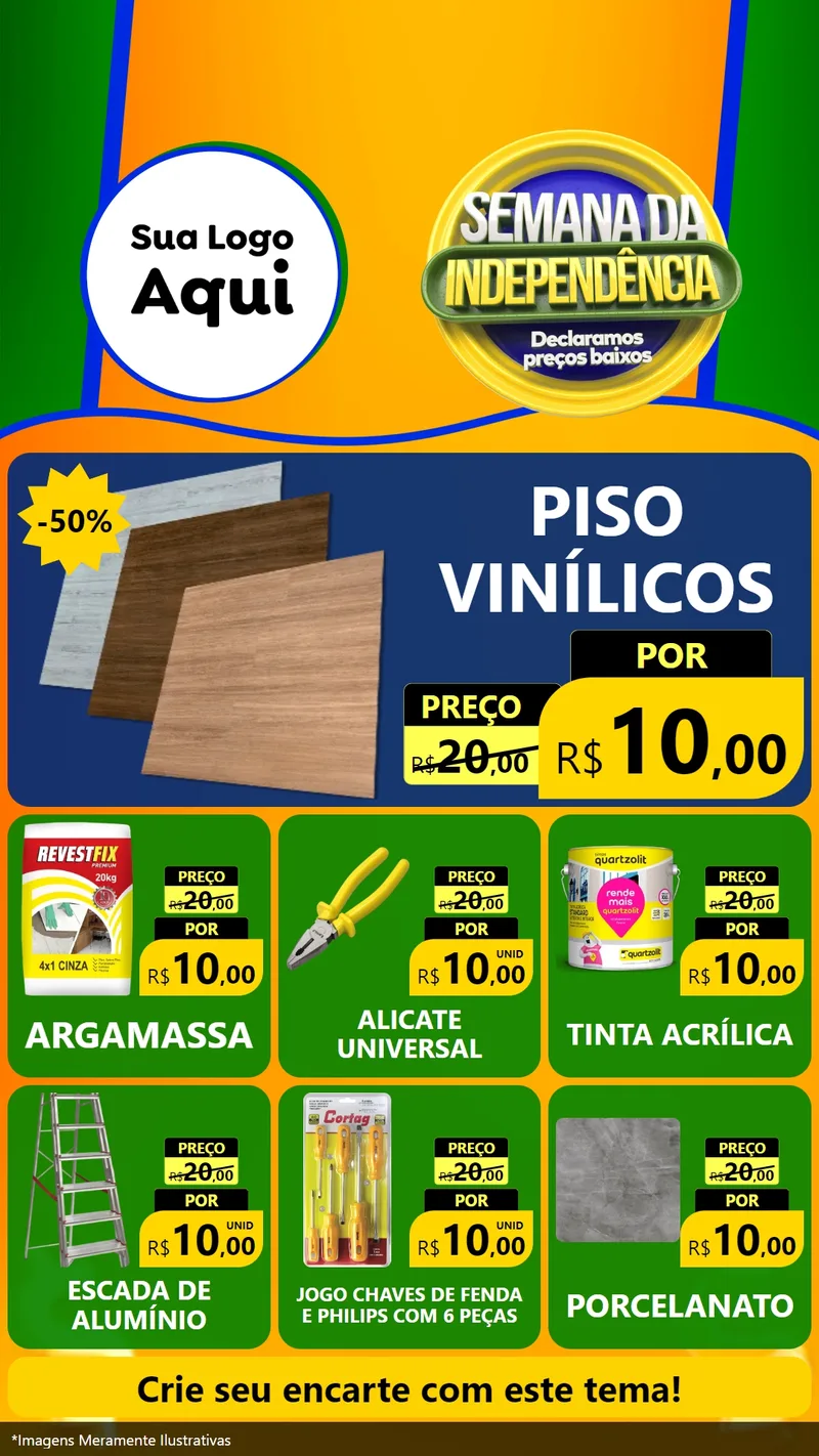 Modelo de Rede Social para Stories com o tema Semana da Independência Declaramos Preços Baixos para Material para Construção