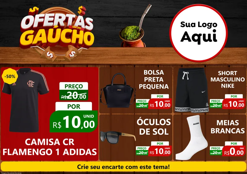 Modelo de Encarte para Encarte A4 Horizontal com o tema Ofertas Dia do Gaúcho para Roupas e acessórios