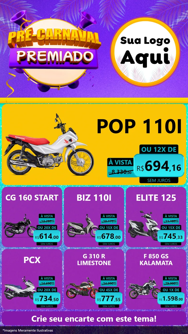 Modelo de Rede Social para Stories com o tema Pré-Carnaval Premiado para Concessionaria de Motos