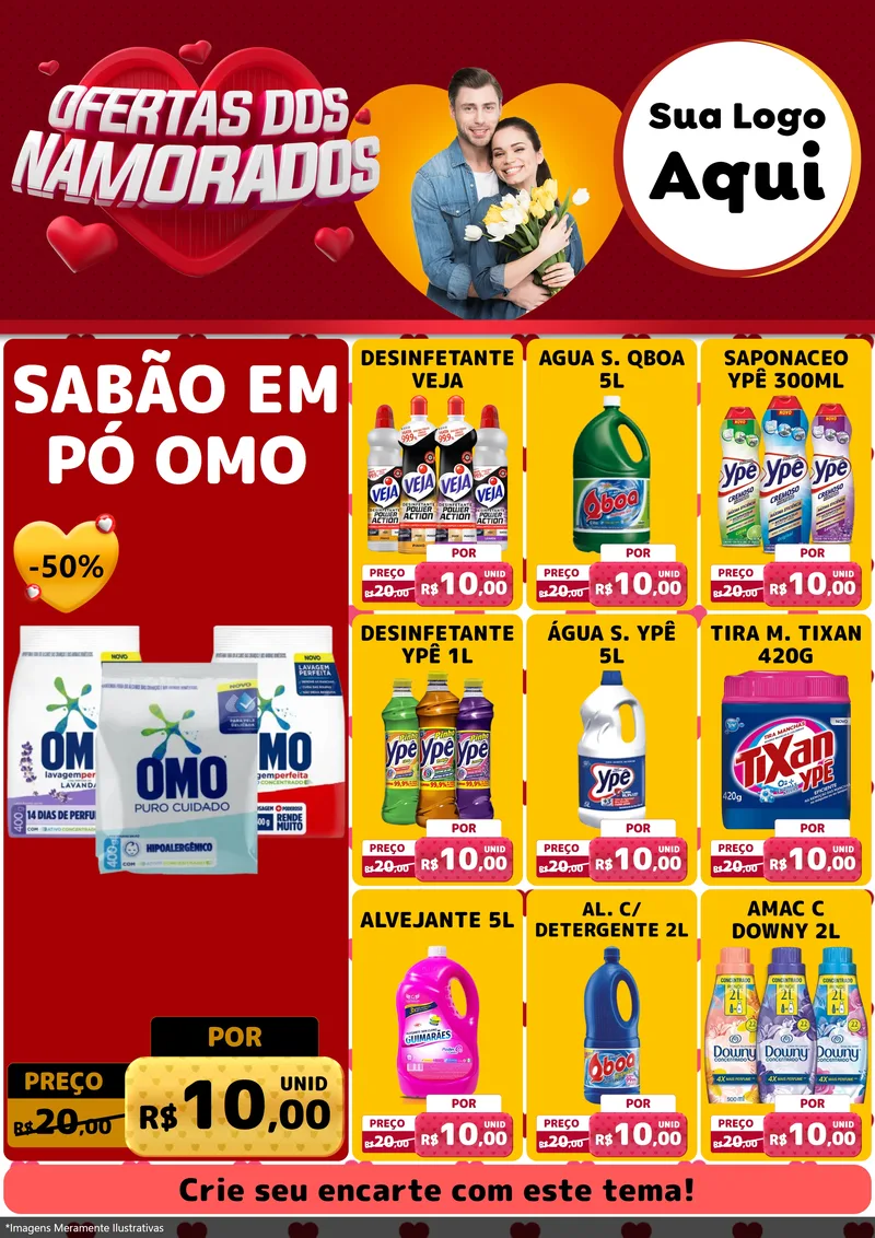 Modelo de Encarte para Encarte A4 Vertical com o tema Ofertas Dos Namorados para Produtos de Limpeza