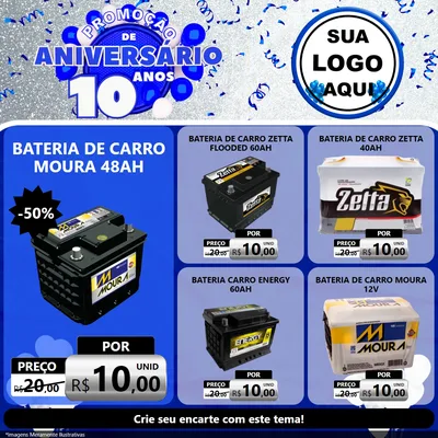 Modelo de Rede Social para Feed Facebook com o tema Promoção de Aniversário - 10 Anos para Baterias Elétricas