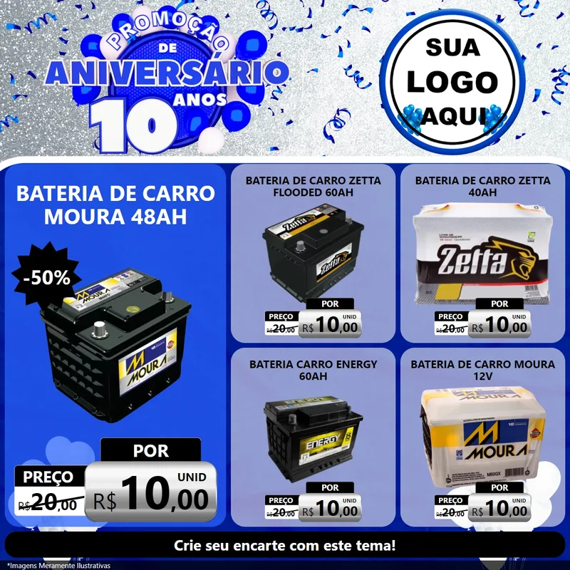 Modelo de Rede Social para Feed Facebook com o tema Promoção de Aniversário - 10 Anos para Baterias Elétricas