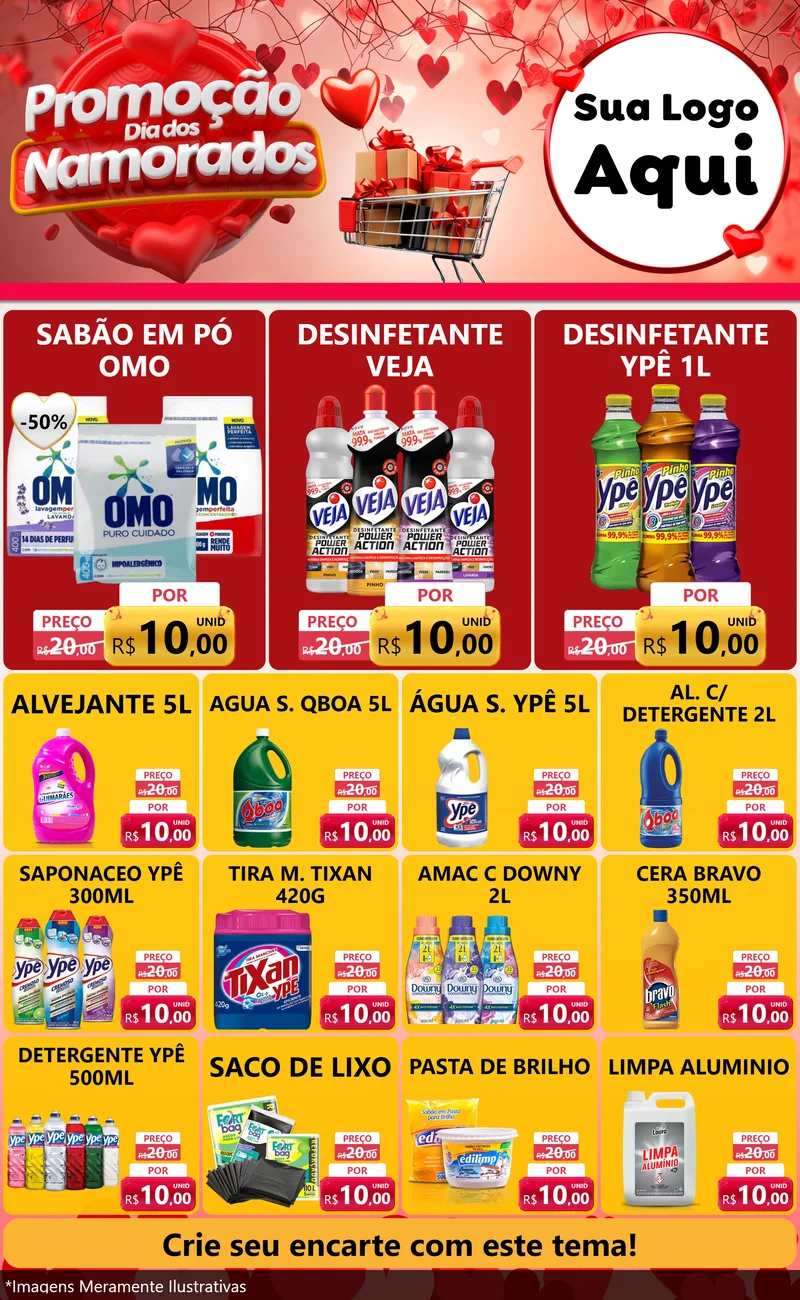 Modelo de Encarte para Encarte Grande com o tema Promoção Dia dos Namorados para Produtos de Limpeza
