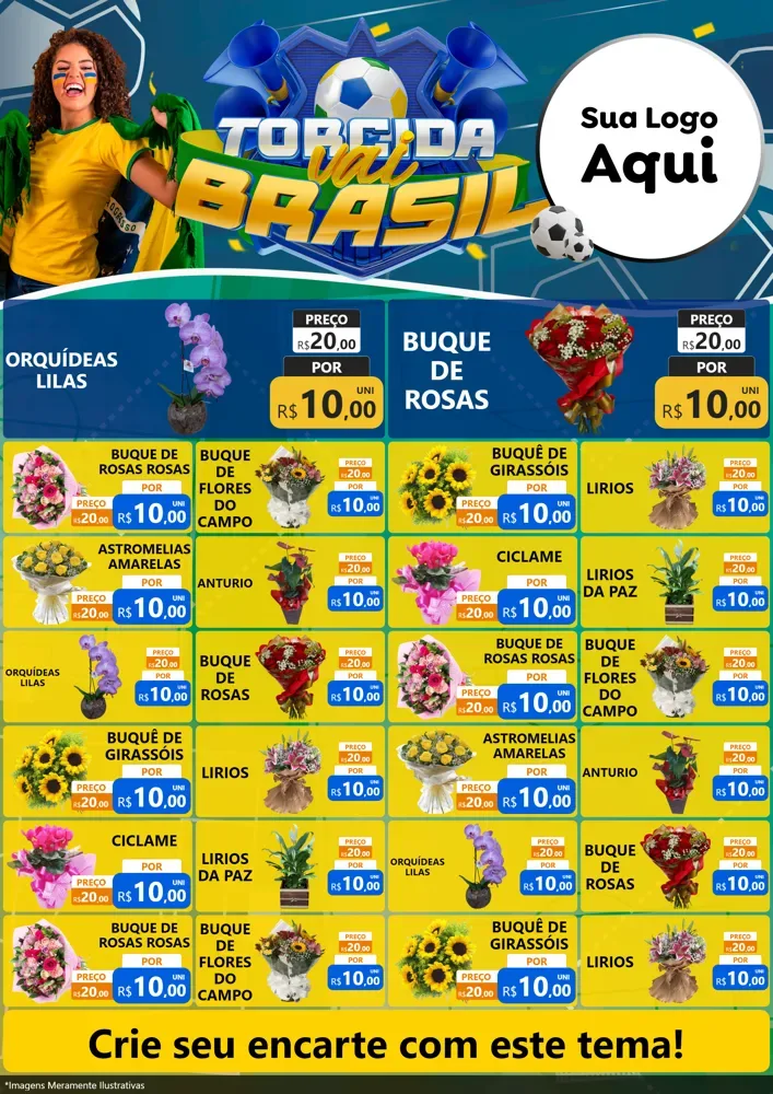 Modelo de Encarte para Encarte A4 Vertical com o tema Torcida Vai Brasil - Copa para Floricultura e jardim