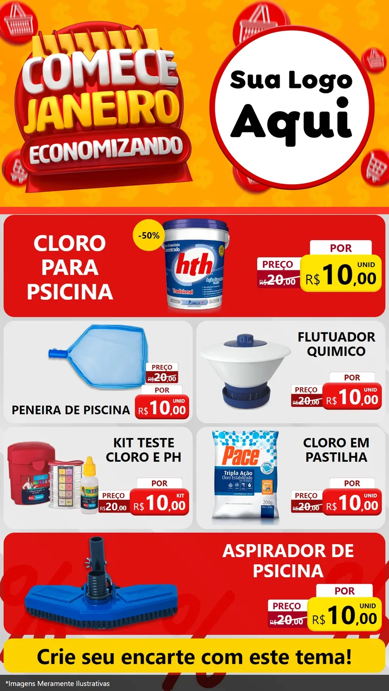 Modelo de TV para TV Vertical com o tema Comece Janeiro Economizando para Produtos para Piscina