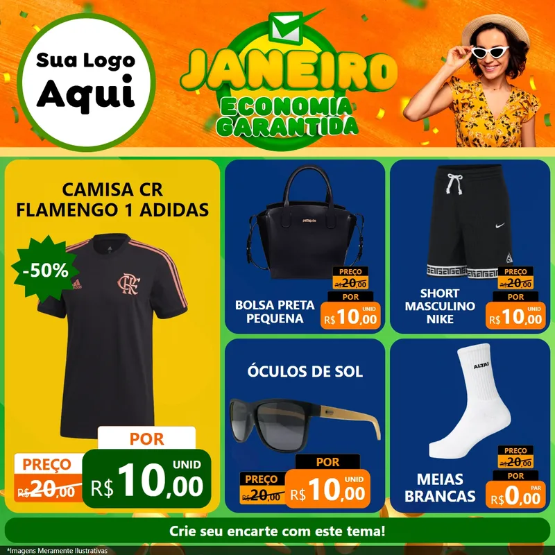 Modelo de Rede Social para Feed Facebook com o tema Janeiro - Economia Garantida para Roupas e acessórios