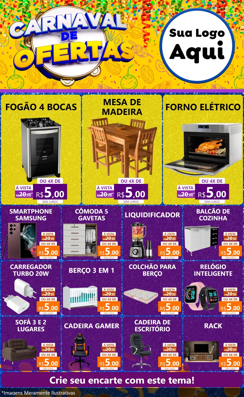 Modelo de Encarte para Encarte Grande com o tema Carnaval de Ofertas para Móveis e Eletro