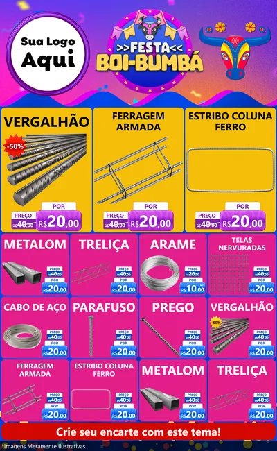 Modelo de Encarte para Encarte Grande com o tema Festa Boi-Bumbá para Ferragens