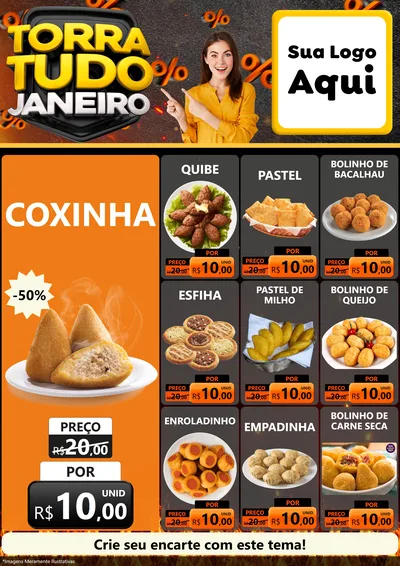 Modelo de Encarte para Encarte A4 Vertical com o tema Torra Tudo Janeiro para Salgadaria