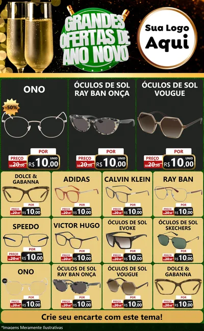Modelo de Encarte para Encarte Grande com o tema Grandes Ofertas de Ano Novo para Óticas