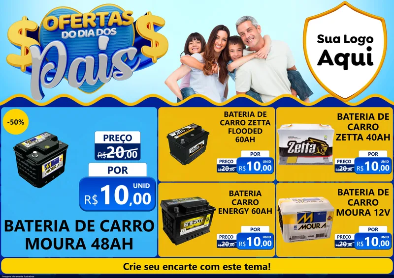 Modelo de Encarte para Encarte A4 Horizontal com o tema Ofertas do Dia dos Pais para Baterias Elétricas