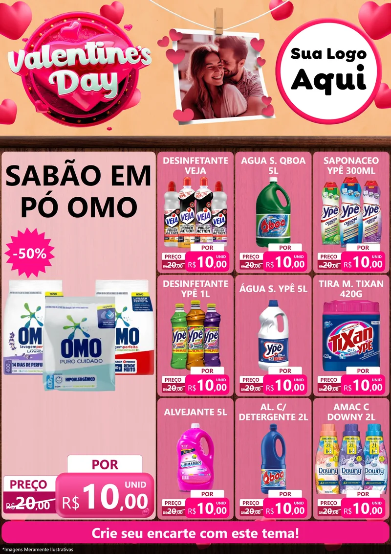 Modelo de Encarte para Encarte A4 Vertical com o tema Valentine's Day para Produtos de Limpeza