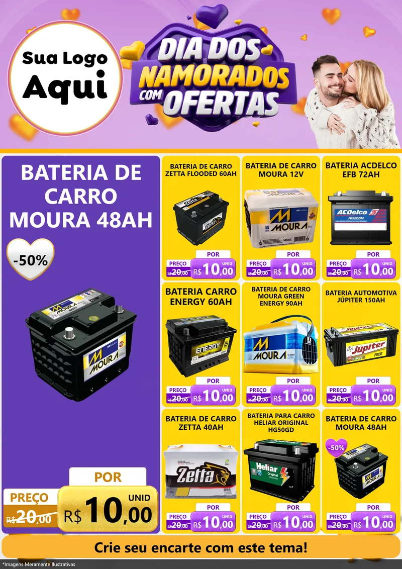 Modelo de Encarte para Encarte A4 Vertical com o tema Dia Dos Namorados Com Ofertas para Baterias Elétricas