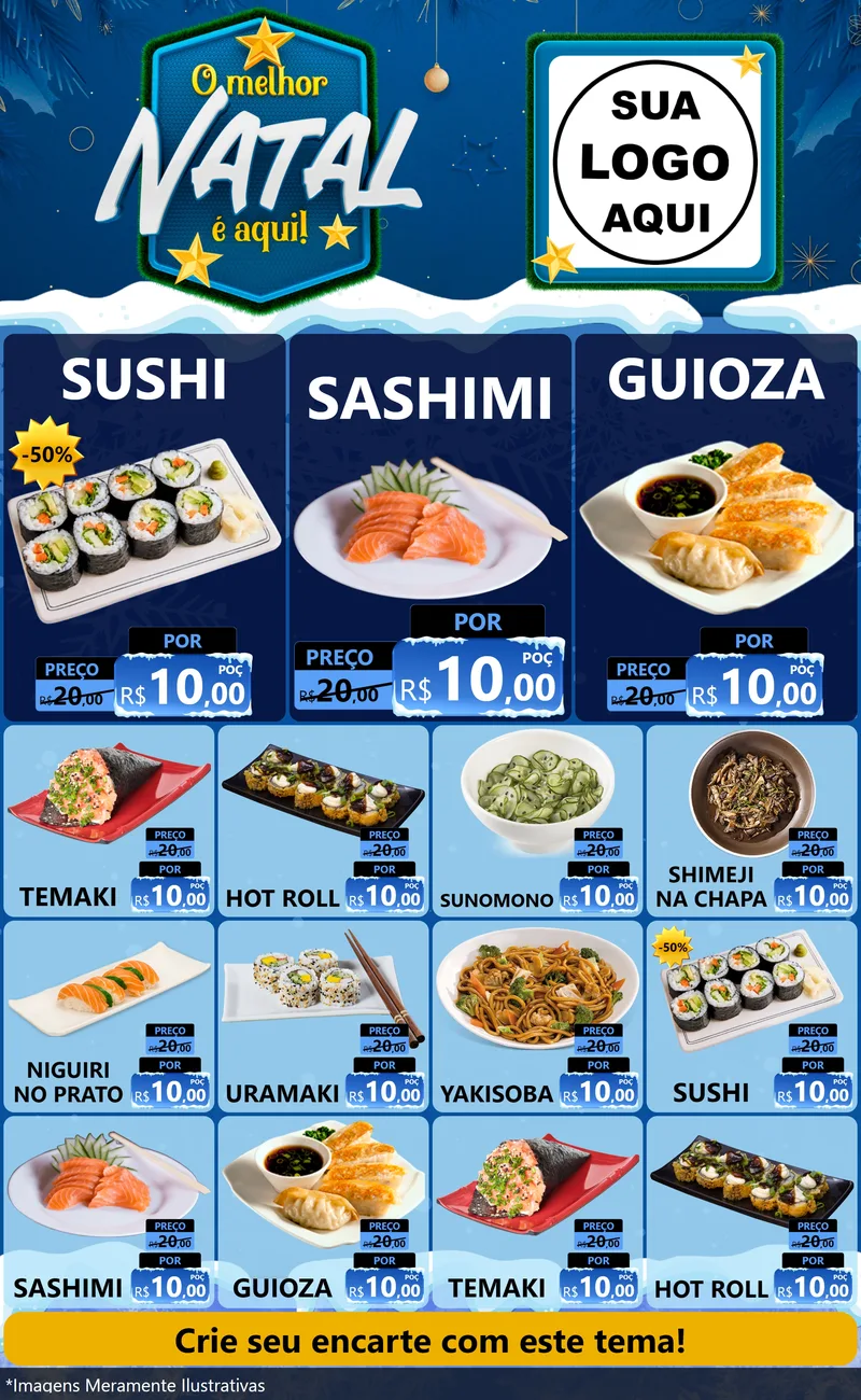 Modelo de Encarte para Encarte Grande com o tema O Melhor Natal É Aqui! para Comida japonesa