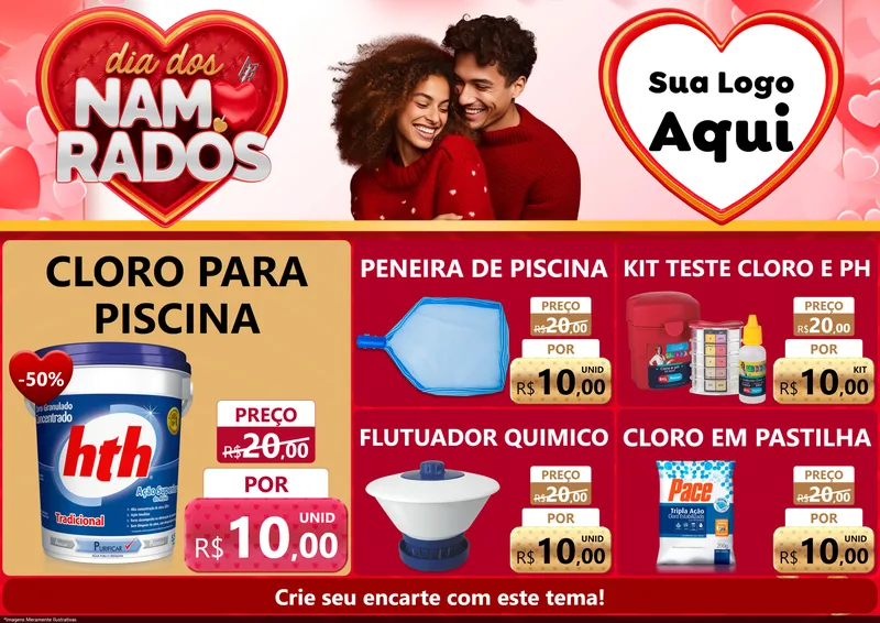 Modelo de Encarte para Encarte A4 Horizontal com o tema Dia dos Namorados para Produtos para Piscina