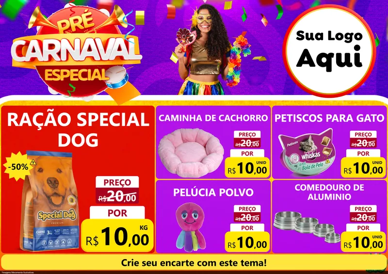 Modelo de Encarte para Encarte A4 Horizontal com o tema Pré-Carnaval Especial para Pet Shop