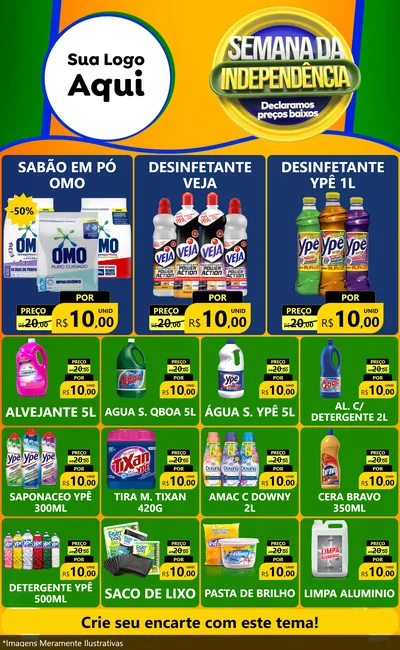 Modelo de Encarte para Encarte Grande com o tema Semana da Independência Declaramos Preços Baixos para Produtos de Limpeza