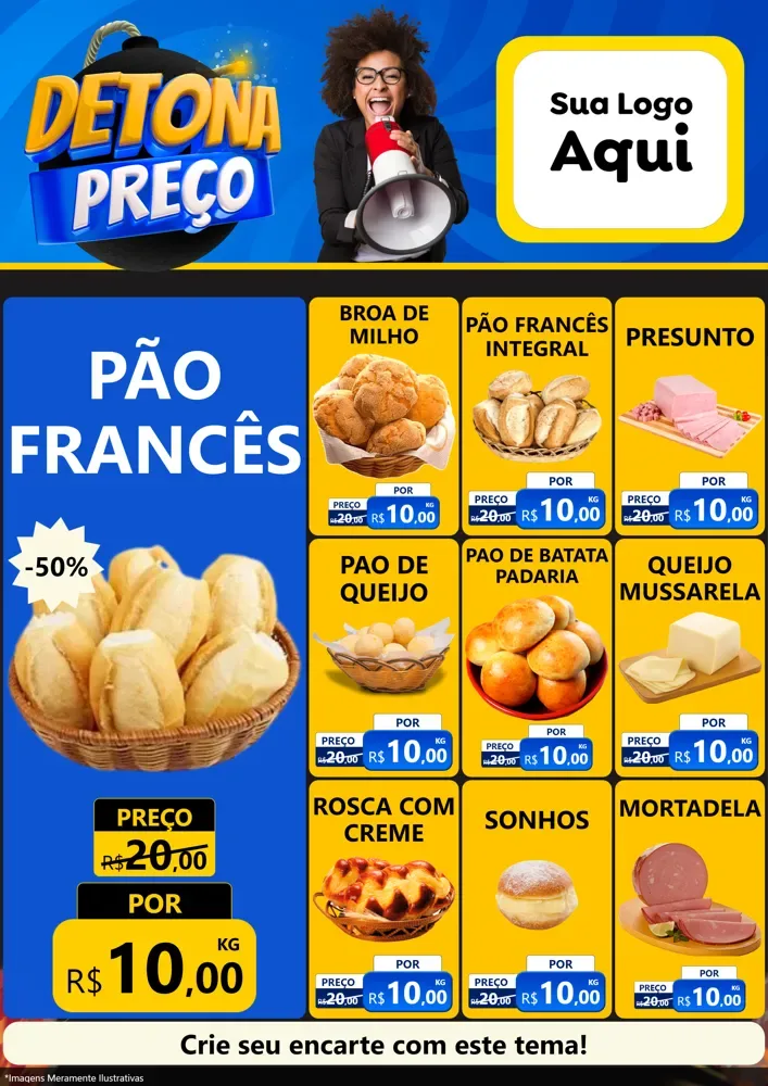 Modelo de Encarte para Encarte A4 Vertical com o tema Detona Preços para Padaria