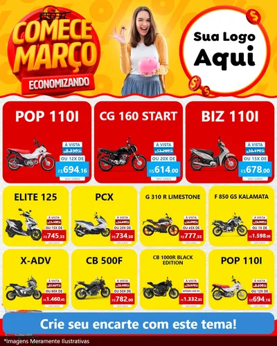 Modelo de Rede Social para Feed Instagram com o tema Comece Março Economizando para Concessionaria de Motos