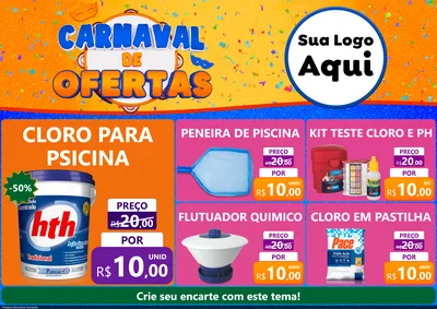 Modelo de Encarte para Encarte A4 Horizontal com o tema Carnaval de Ofertas para Produtos para Piscina
