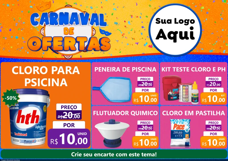 Modelo de Encarte para Encarte A4 Horizontal com o tema Carnaval de Ofertas para Produtos para Piscina