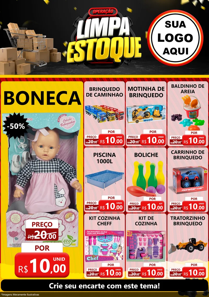 Modelo de Encarte para Encarte A4 Vertical com o tema Operação Limpa Estoque para Brinquedos