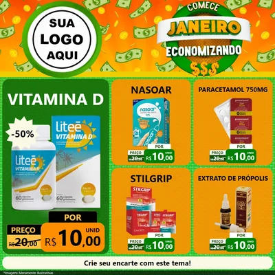Modelo de Rede Social para Feed Facebook com o tema Comece Janeiro Economizando para Farmácia