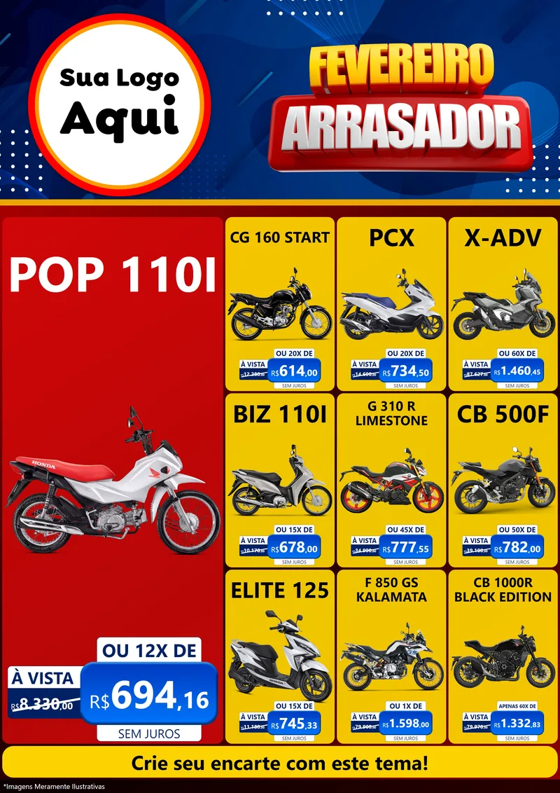 Modelo de Encarte para Encarte A4 Vertical com o tema Fevereiro Arrasador para Concessionaria de Motos