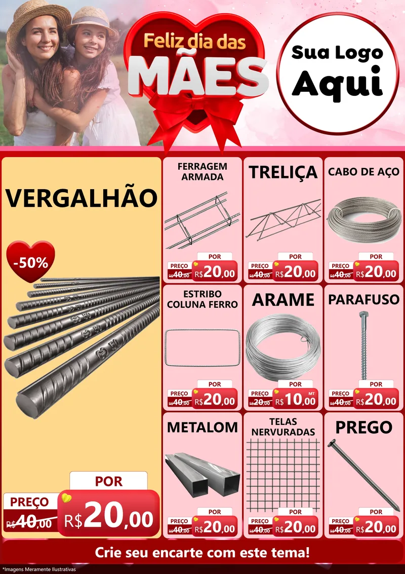 Modelo de Encarte para Encarte A4 Vertical com o tema Feliz Dia Das Mães para Ferragens