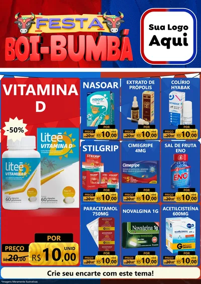 Modelo de Encarte para Encarte A4 Vertical com o tema Festa Boi Bumbá para Farmácia