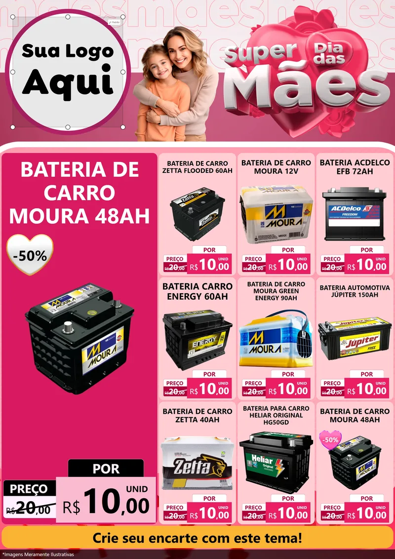 Modelo de Encarte para Encarte A4 Vertical com o tema Super Dia Das Mães para Baterias Elétricas