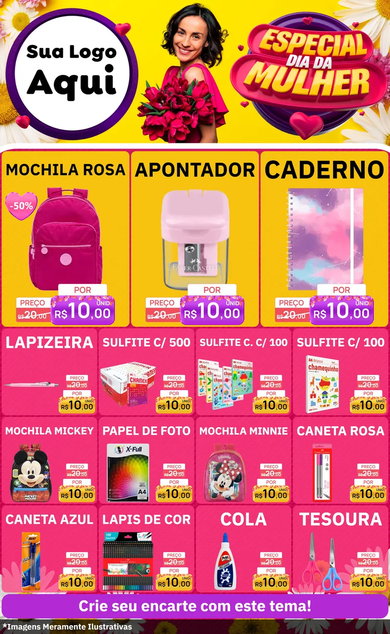 Modelo de Encarte para Encarte Grande com o tema Especial Dia da Mulher para Papelaria