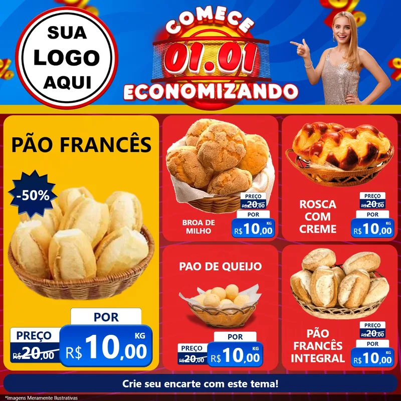 Modelo de Rede Social para Feed Facebook com o tema Comece 1º de Janeiro Economizando para Padaria