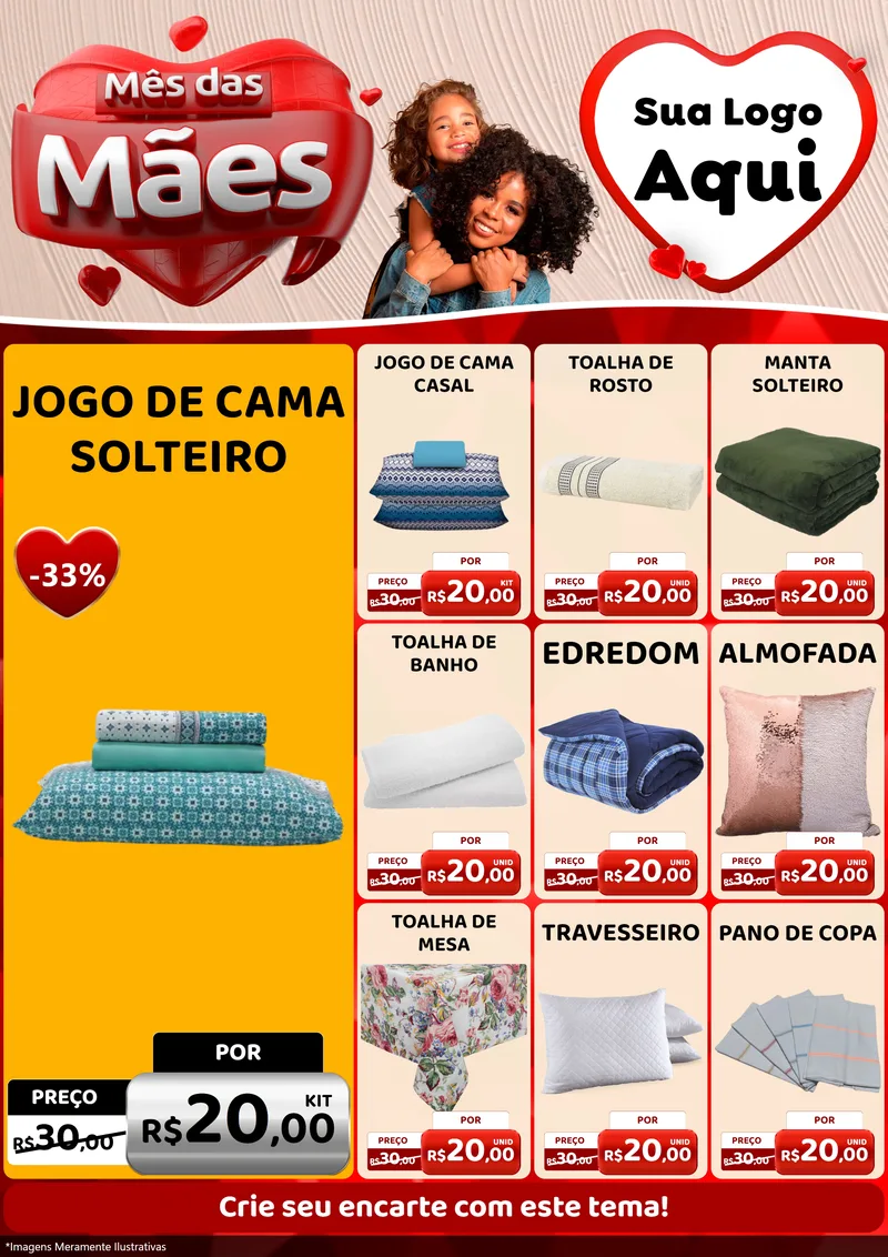 Modelo de Encarte para Encarte A4 Vertical com o tema Mês das Mães para Cama, Mesa e Banho
