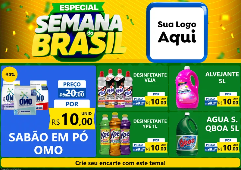 Modelo de Encarte para Encarte A4 Horizontal com o tema Especial Semana do Brasil para Produtos de Limpeza