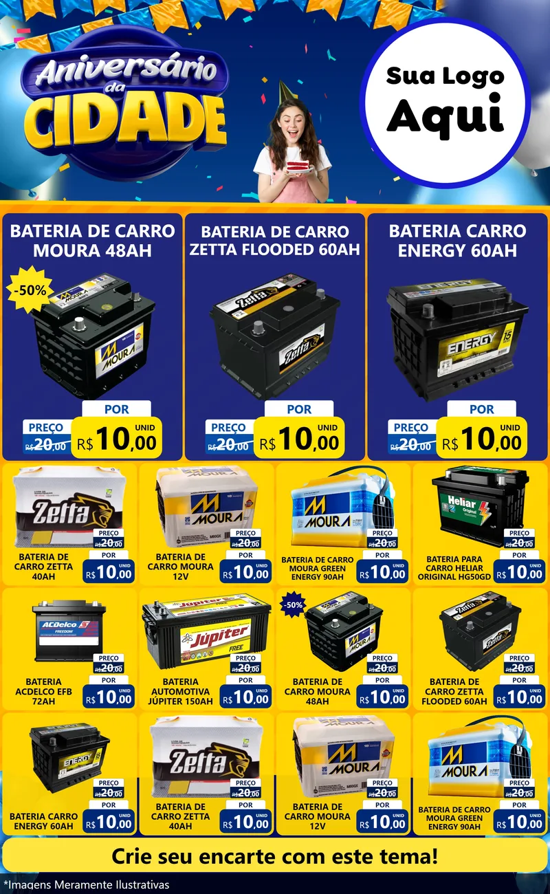Modelo de Encarte para Encarte Grande com o tema Aniversário da Cidade para Baterias Elétricas