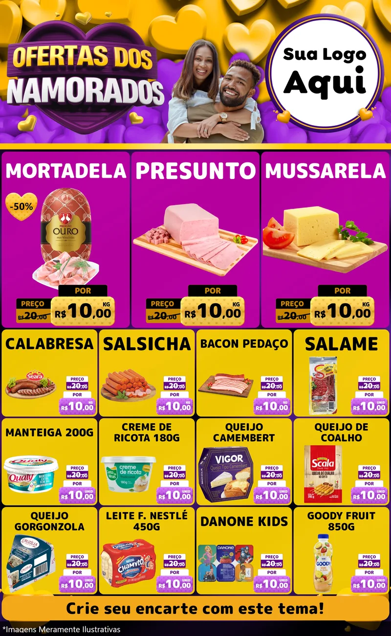 Modelo de Encarte para Encarte Grande com o tema Oferta Dos Namorados para Frios e Laticínios