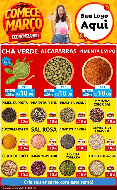 Modelo de Encarte para Encarte Grande com o tema Comece Março Economizando para Produtos Naturais