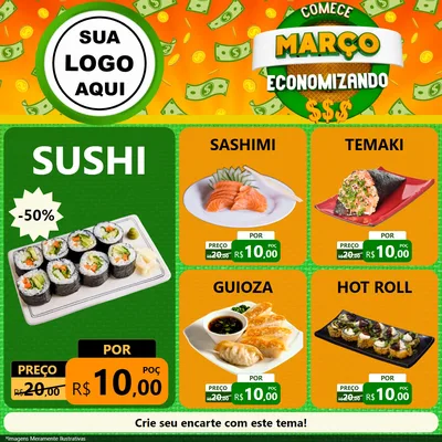Modelo de Rede Social para Feed Facebook com o tema Comece Março Economizando para Comida japonesa